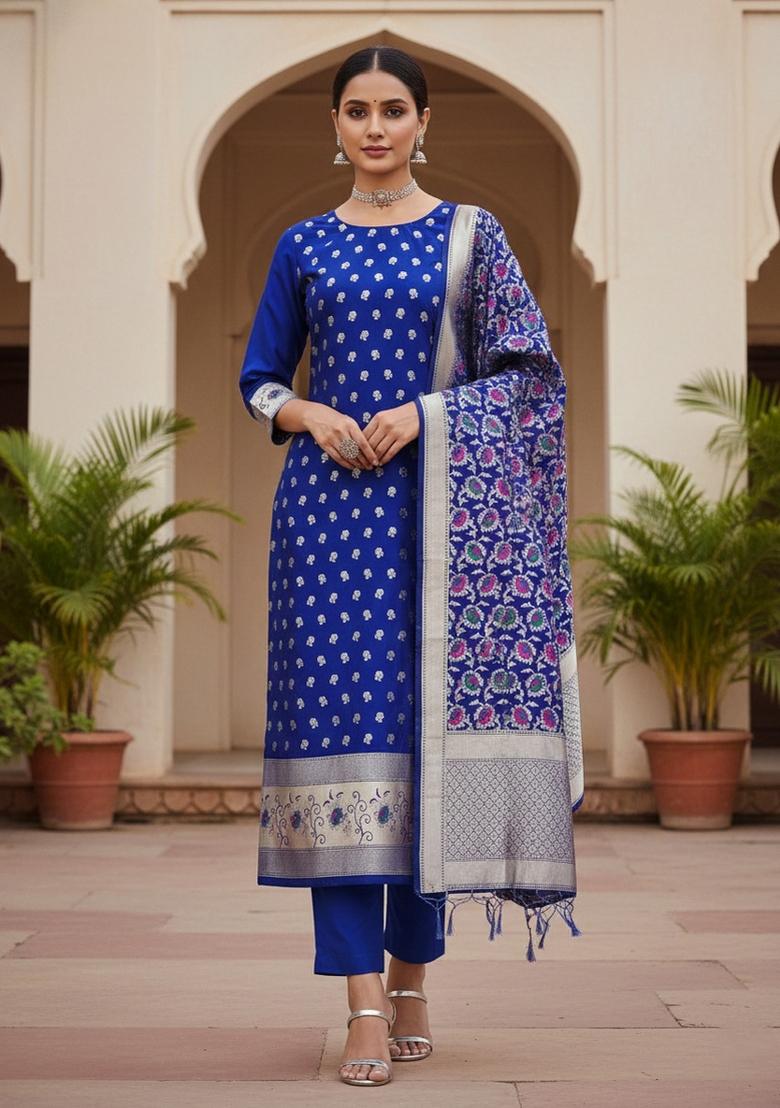 Royal Blue Zari Woven Silk Dress Material
