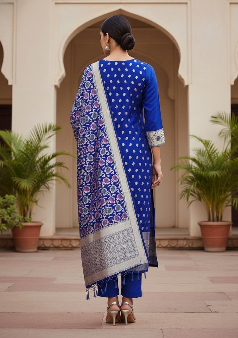Royal Blue Zari Woven Silk Dress Material