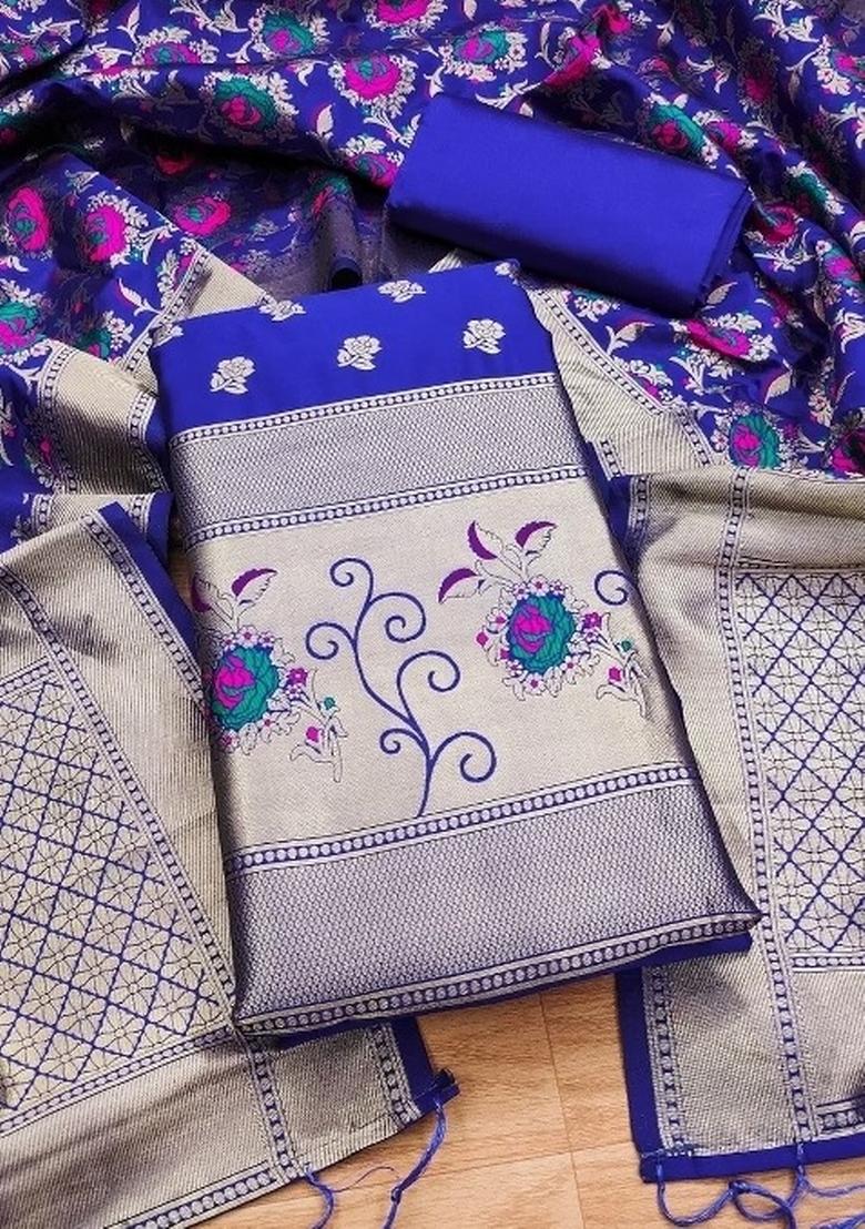 Royal Blue Zari Woven Silk Dress Material