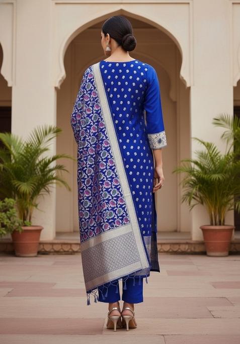 Royal Blue Zari Woven Silk Dress Material
