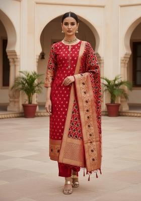 Red Zari Woven Silk Dress Material