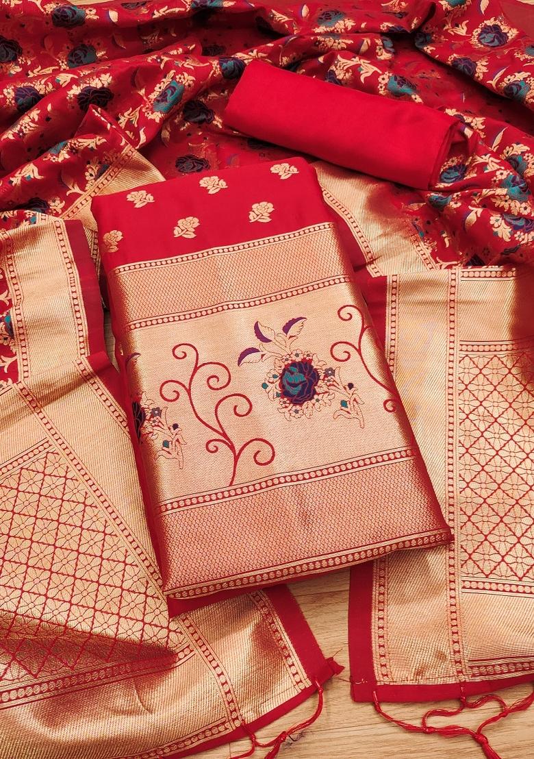 Red Zari Woven Silk Dress Material