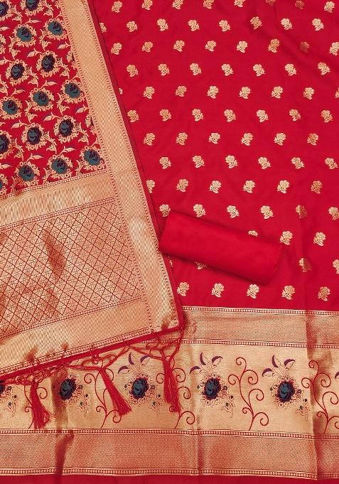 Red Zari Woven Silk Dress Material