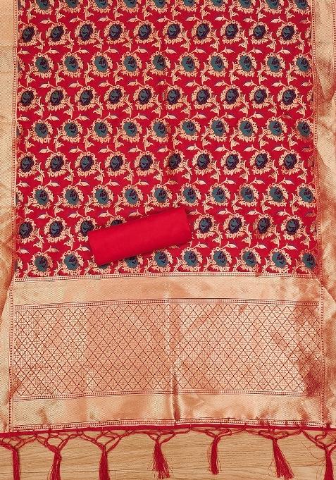 Red Zari Woven Silk Dress Material