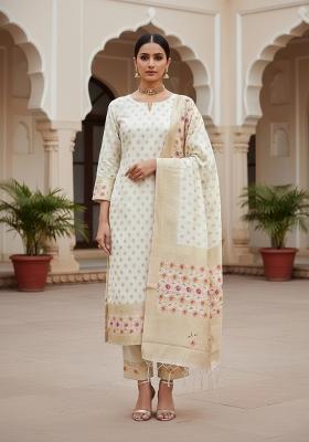 White Zari Woven Silk Dress Material
