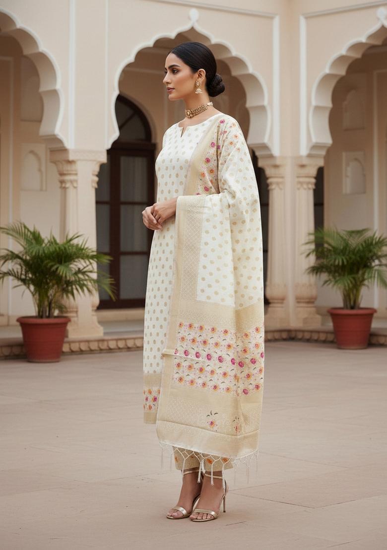 White Zari Woven Silk Dress Material - Indya