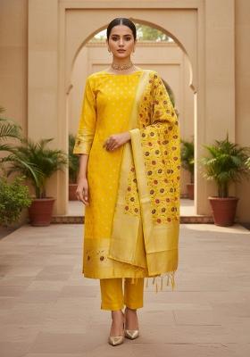 Yellow Zari Woven Silk Dress Material