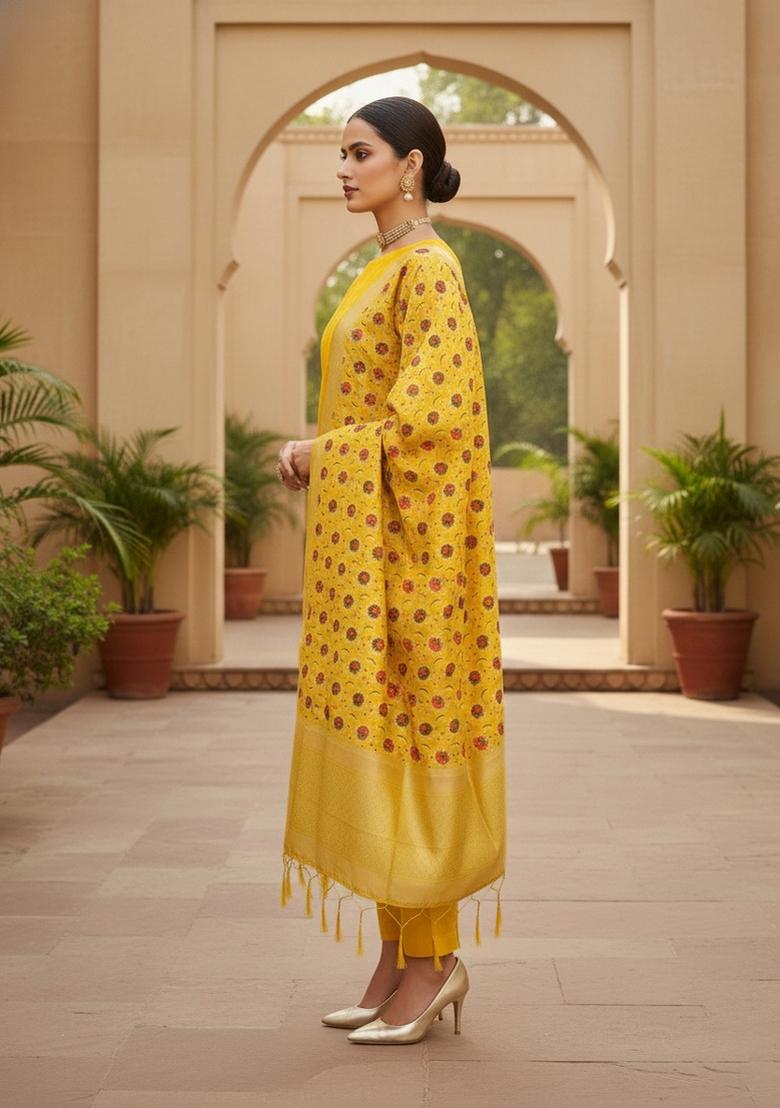 Yellow Zari Woven Silk Dress Material - Indya