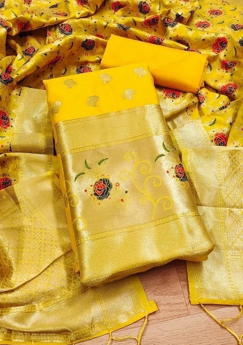Yellow Zari Woven Silk Dress Material - Indya