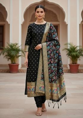 Black Zari Woven Silk Dress Material