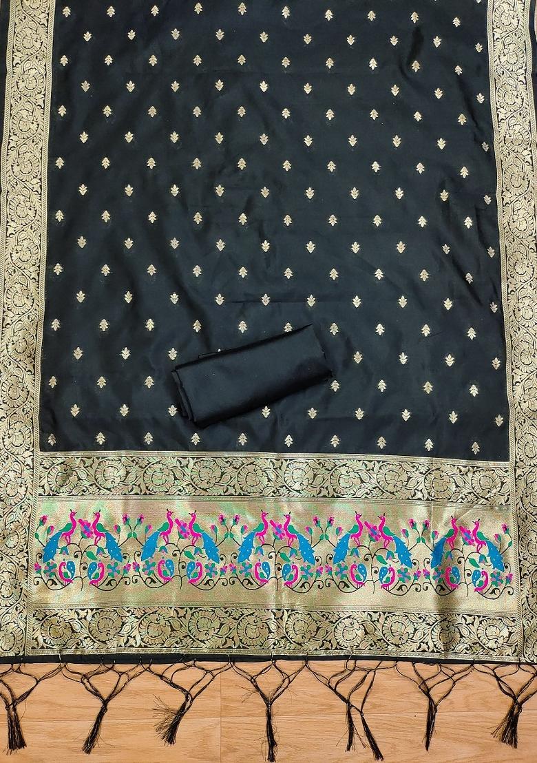 Black Zari Woven Silk Dress Material