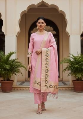 Light Pink Zari Woven Silk Dress Material
