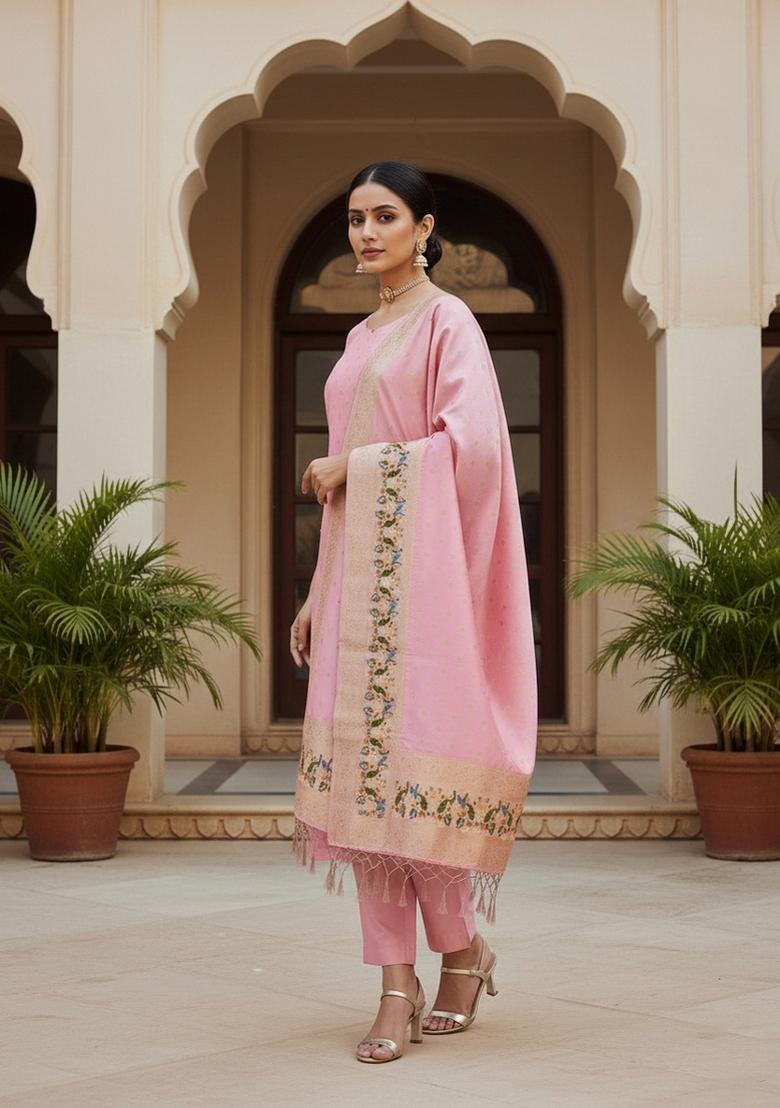 Light Pink Zari Woven Silk Dress Material - Indya
