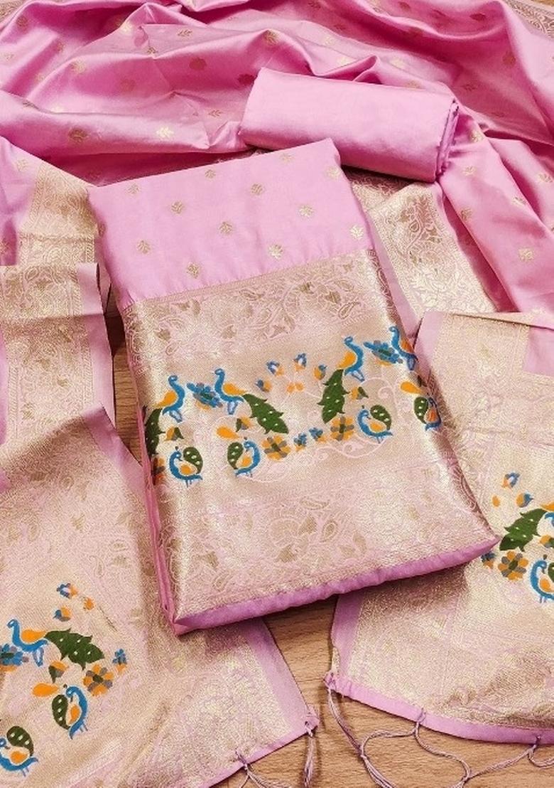 Light Pink Zari Woven Silk Dress Material - Indya