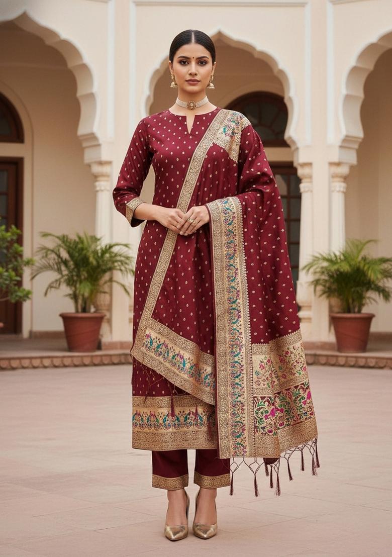 Maroon Zari Woven Silk Dress Material
