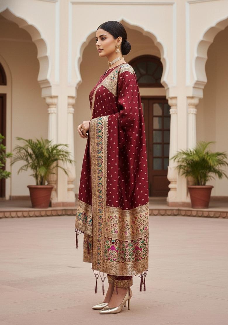 Maroon Zari Woven Silk Dress Material