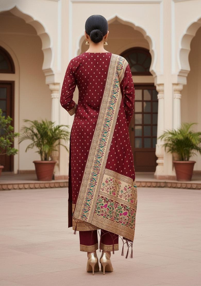 Maroon Zari Woven Silk Dress Material