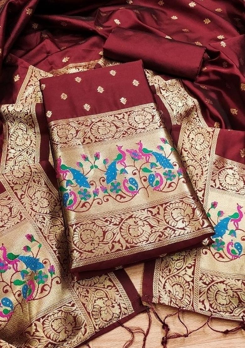 Maroon Zari Woven Silk Dress Material