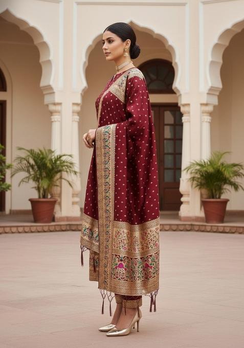 Maroon Zari Woven Silk Dress Material