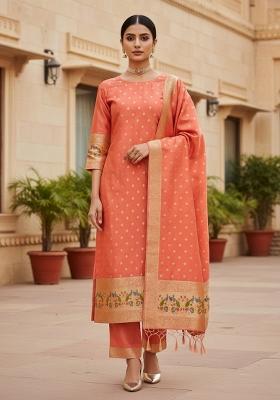 Peach Zari Woven Silk Dress Material
