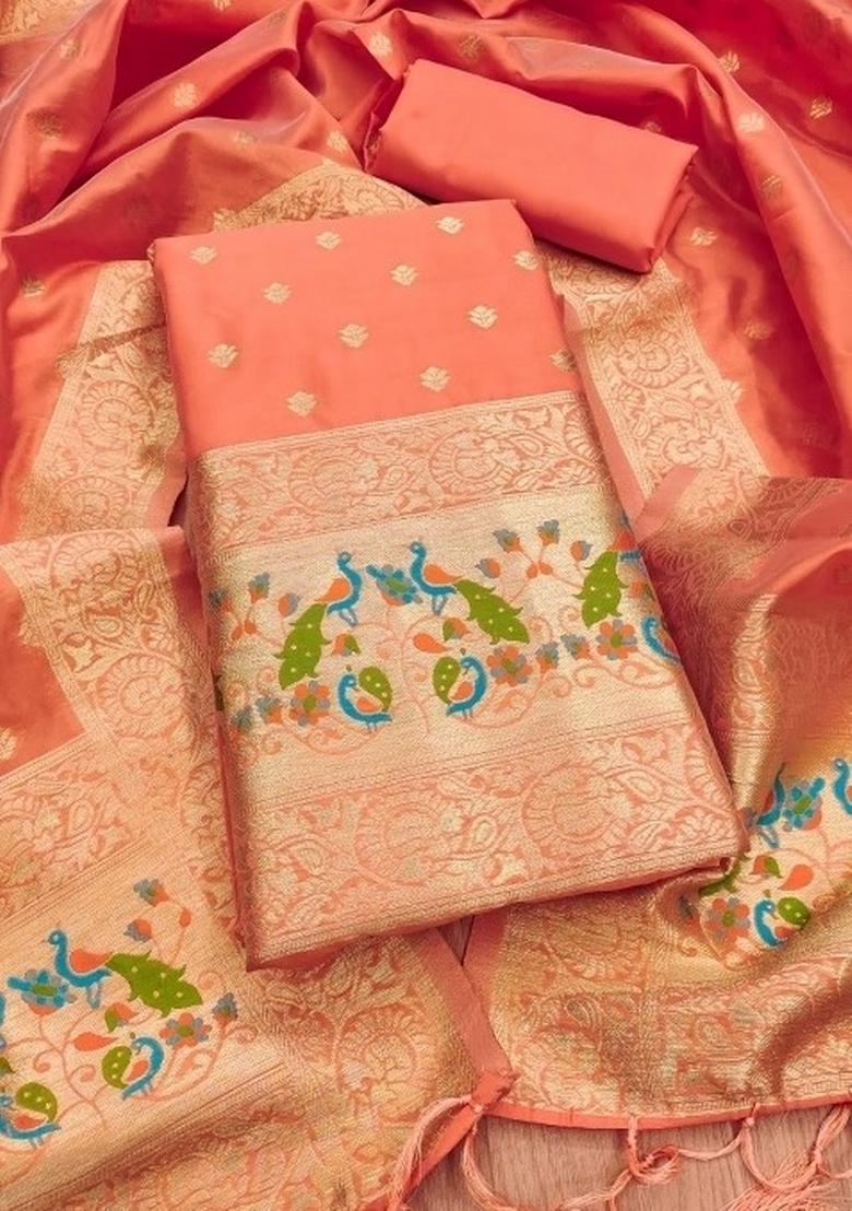 Peach Zari Woven Silk Dress Material - Indya