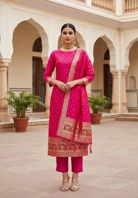 Pink Zari Woven Silk Dress Material