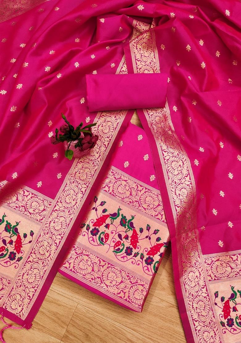 Pink Zari Woven Silk Dress Material