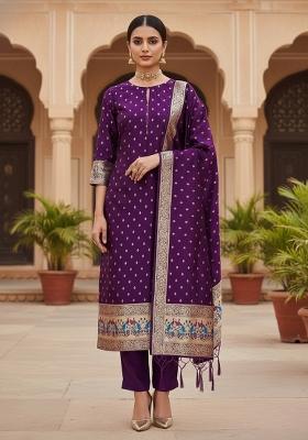Purple Zari Woven Silk Dress Material