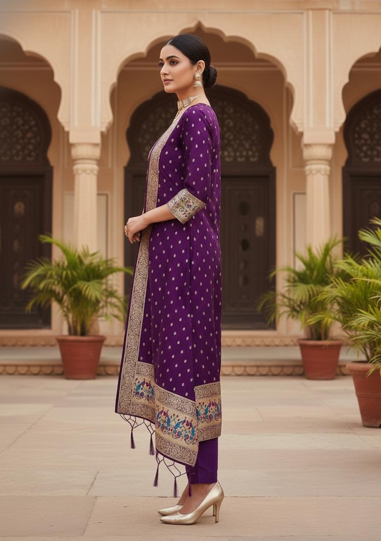 Purple Zari Woven Silk Dress Material - Indya