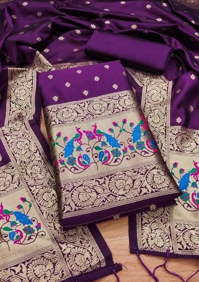 Purple Zari Woven Silk Dress Material - Indya