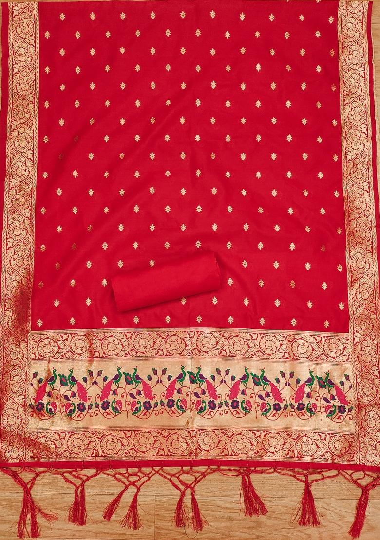 Red Zari Woven Silk Dress Material