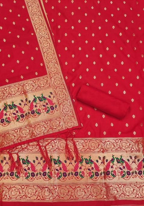 Red Zari Woven Silk Dress Material