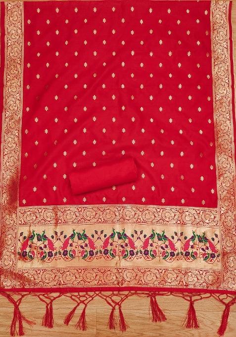 Red Zari Woven Silk Dress Material