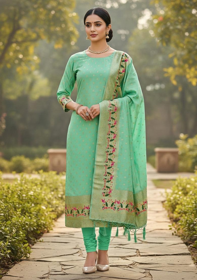 Sea Green Zari Woven Silk Dress Material