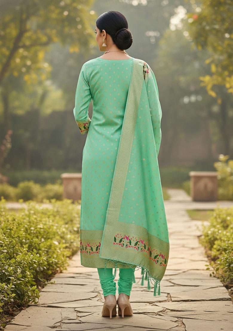 Sea Green Zari Woven Silk Dress Material