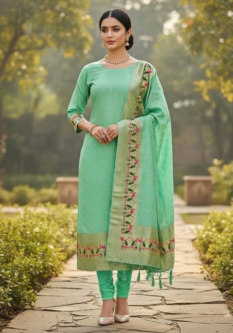 Sea Green Zari Woven Silk Dress Material