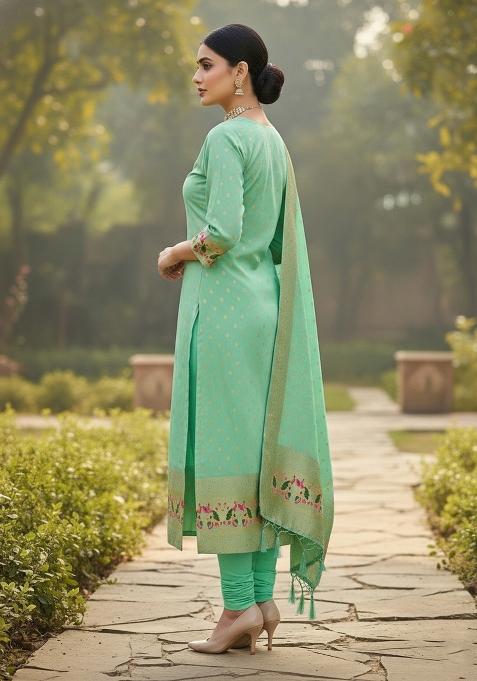 Sea Green Zari Woven Silk Dress Material
