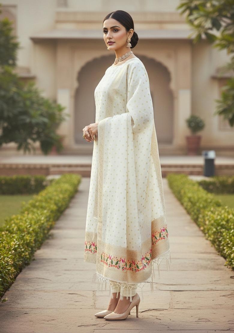 White Zari Woven Silk Dress Material - Indya