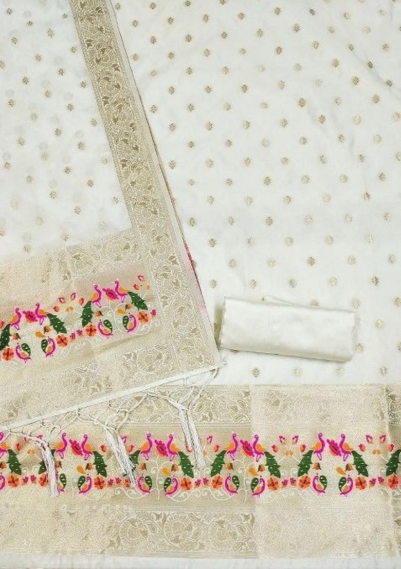 White Zari Woven Silk Dress Material - Indya