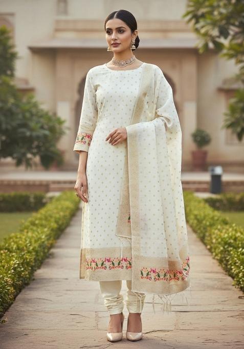 White Zari Woven Silk Dress Material
