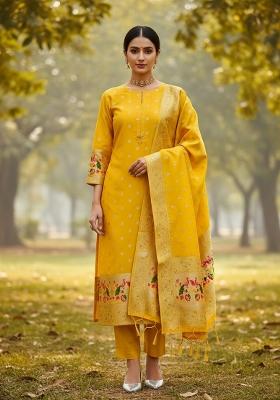 Yellow Zari Woven Silk Dress Material