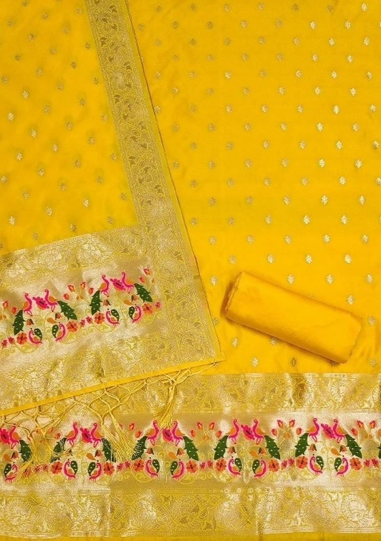 Yellow Zari Woven Silk Dress Material - Indya