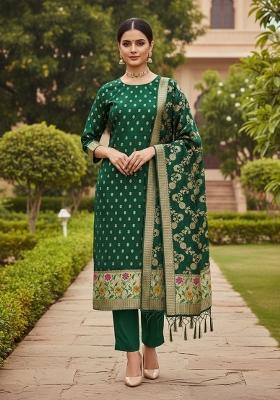Dark Green Zari Woven Silk Dress Material