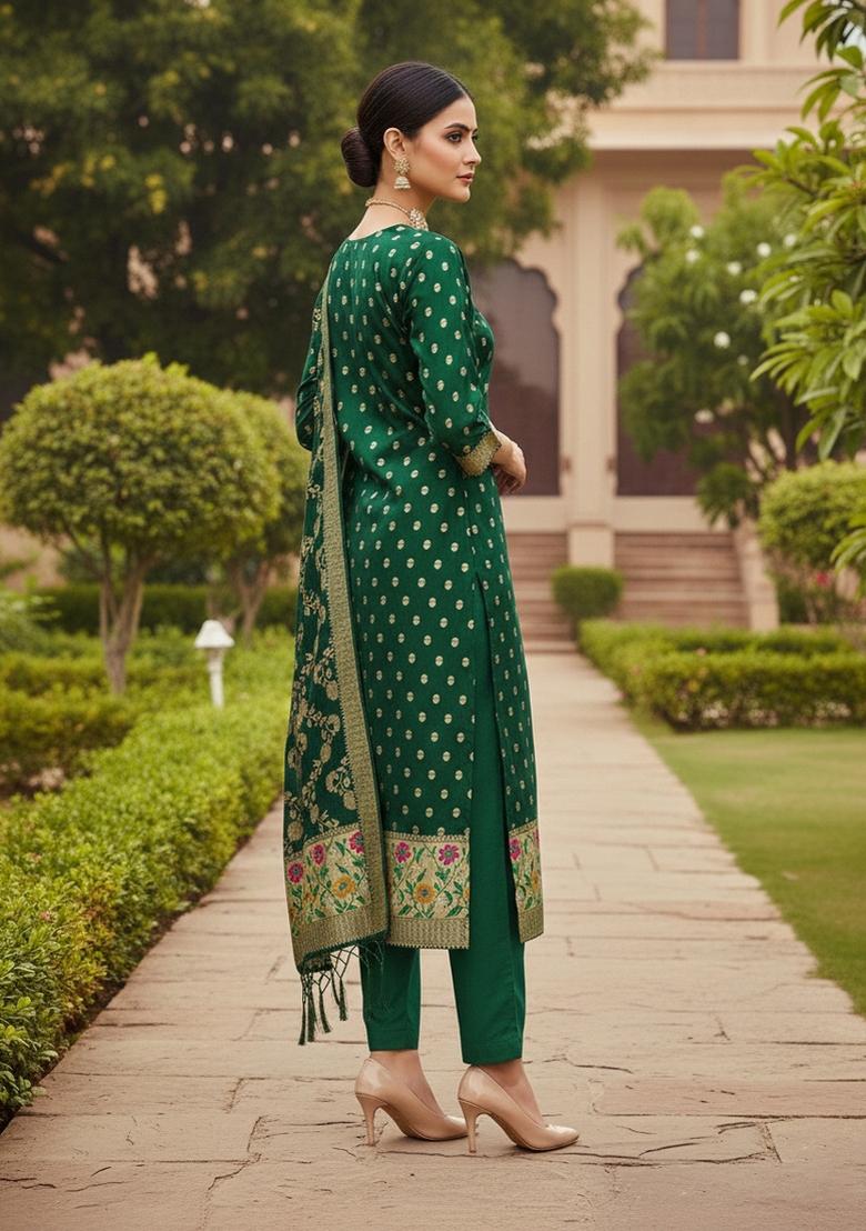 Dark Green Zari Woven Silk Dress Material - Indya
