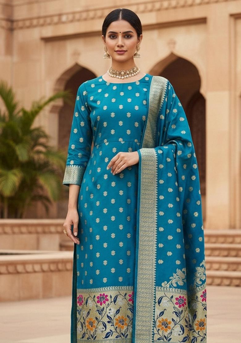 Light Blue Zari Woven Silk Dress Material - Indya