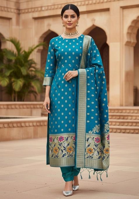 Light Blue Zari Woven Silk Dress Material