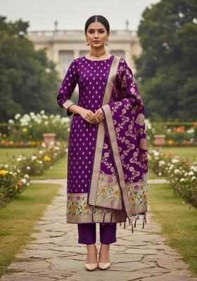 Purple Zari Woven Silk Dress Material