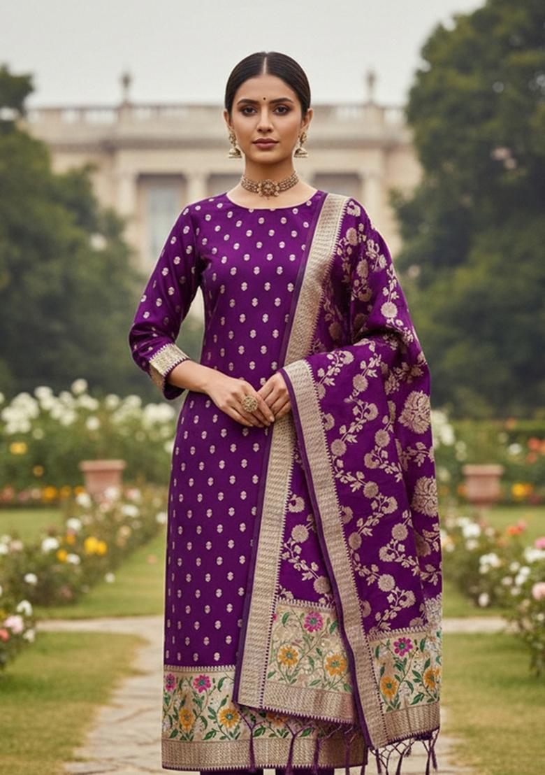 Purple Zari Woven Silk Dress Material - Indya