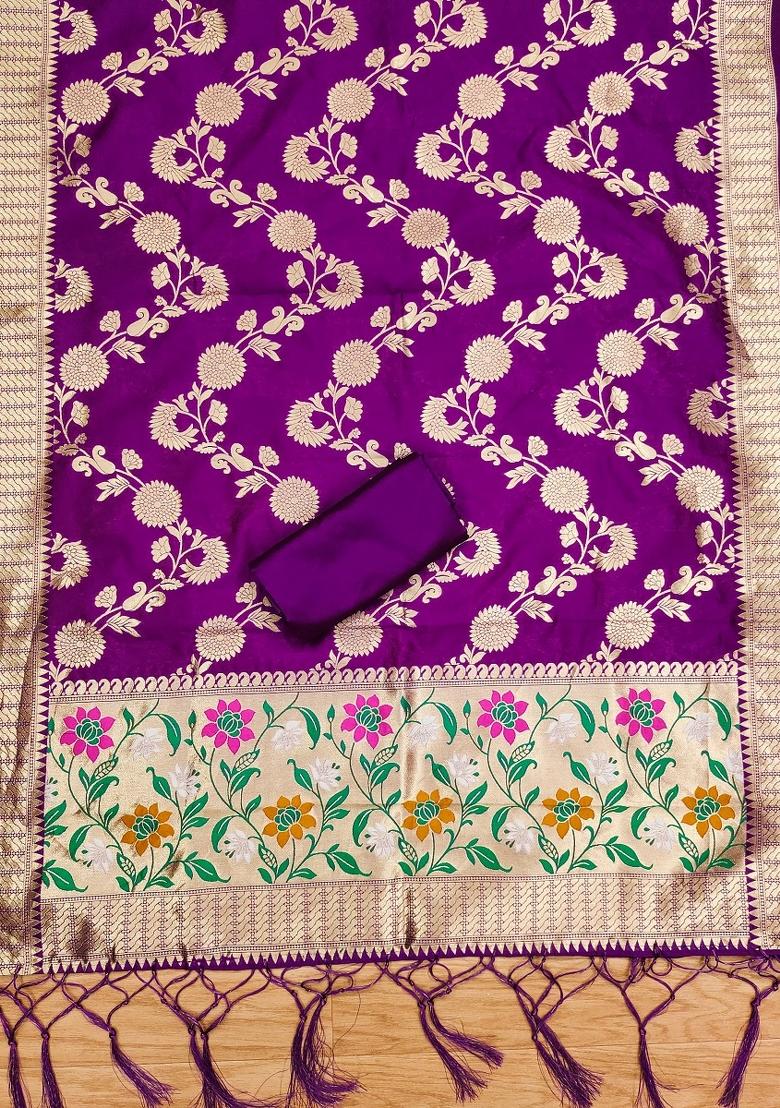 Purple Zari Woven Silk Dress Material - Indya