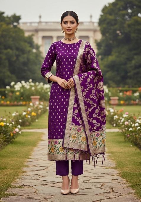 Purple Zari Woven Silk Dress Material